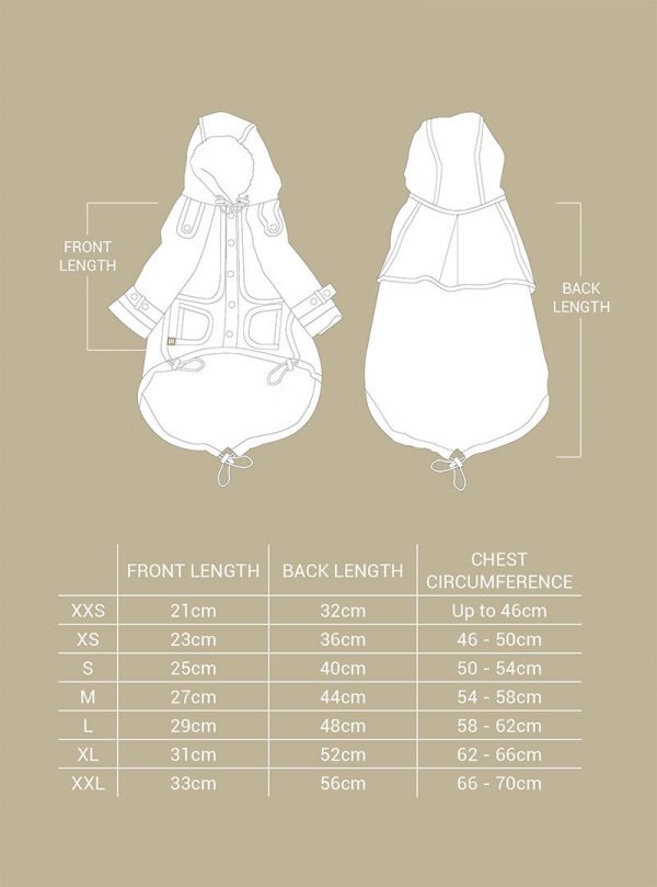 Monte & Co | Designer Raincoat Trench Coat for pet dog and cat by Sebastian Says | Size Chart