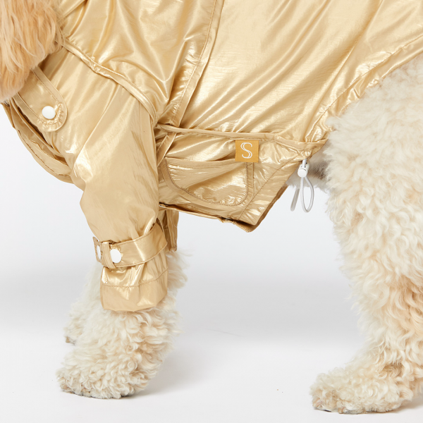 Monte & Co | Designer dog cat pet raincoat by Sebastian Says | Gold trenchcoat (Side Close Up)