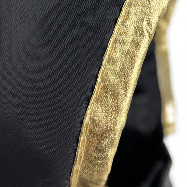Monte & Co | Close up of the Huskimo Gangsta Designer Dog Cat Pet Black & Gold Puffer Jacket with removable hood & gold leather trim