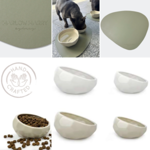 Monte & Co | Designer Dog Cat Dining Set in Natural Oatmeal and Sage | Honeycomb Ceramic Pet Cat Dog Bowls Set in Natura White and Oatmeal by BARKLEY & BELLA