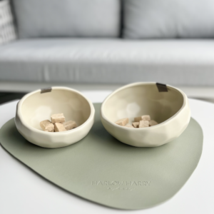 Monte & Co | Designer Dog Cat Dining Set in Natural Oatmeal and Sage | Honeycomb Ceramic Pet Cat Dog Bowls Set in Natural Oatmeal by BARKLEY & BELLA and Designer Pet Feeding Placemat in Sage by Harlow Harry