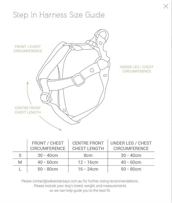 Monte & Co | Size Chart for Designer No Pull Step In Harness by Sebastian Says