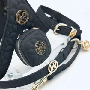 Monte & Co | Designer pet accessories dog cat collar harness leash lead poop bag purse walk set by HGP Luxury Pet Accessories | Jet Black & Gold