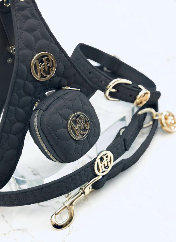 Monte & Co | Designer pet accessories dog cat collar harness leash lead poop bag purse walk set by HGP Luxury Pet Accessories | Jet Black & Gold